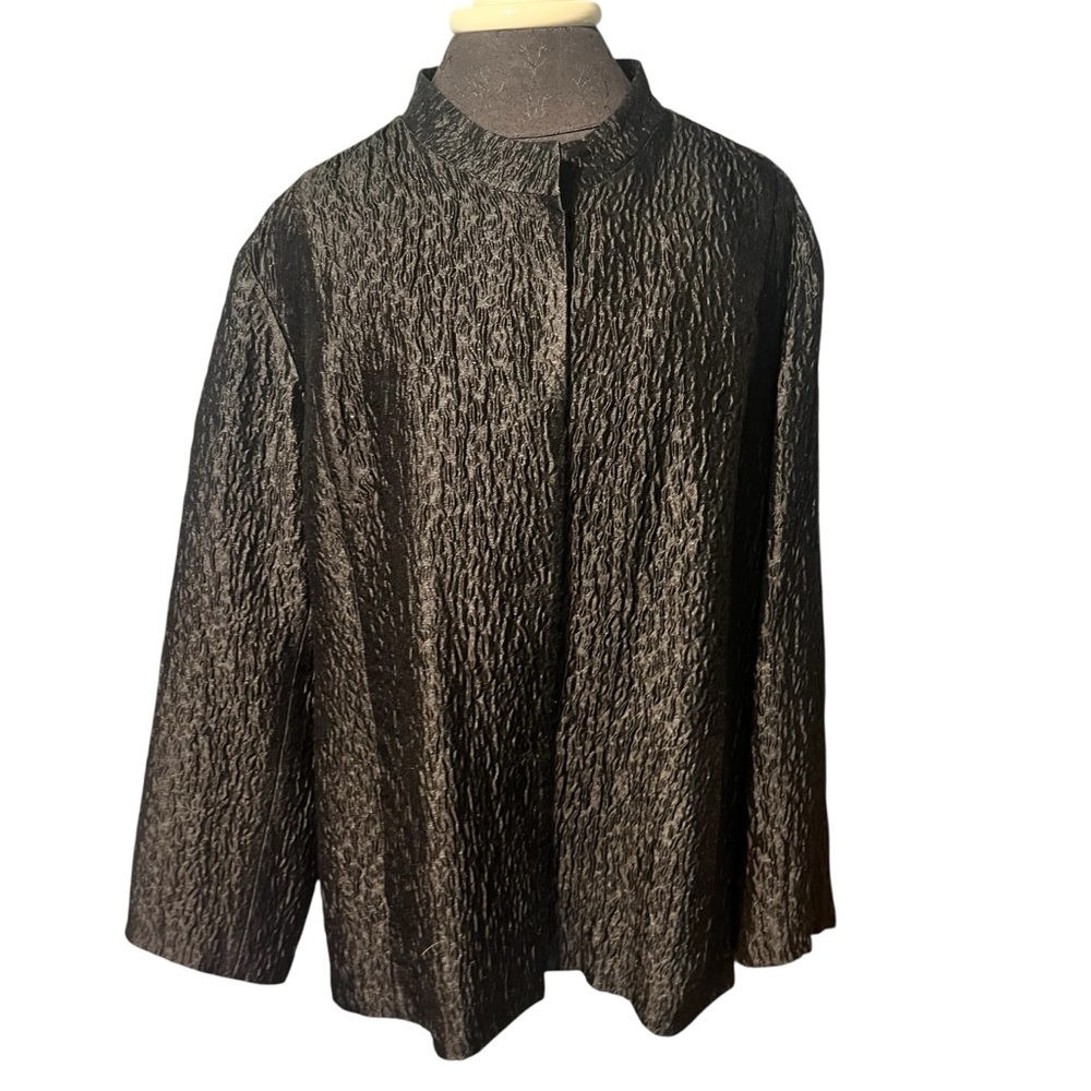 Eileen Fisher Black Textured Silk, Open Front, Cropped Jacket, sz XL